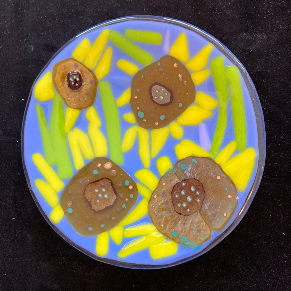 Sunflower ” Fused Art Glass  Handmade  7”x1” Bowl On Periwinkle